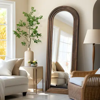 71" Brown Arch Wood Framed Standing Mirror