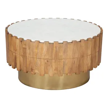 31" Gold Natural And White Iron Wood And Faux Marble Round Block Coffee Table