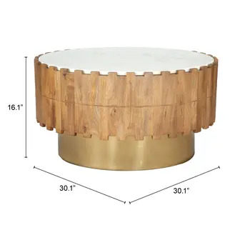 31" Gold Natural And White Iron Wood And Faux Marble Round Block Coffee Table
