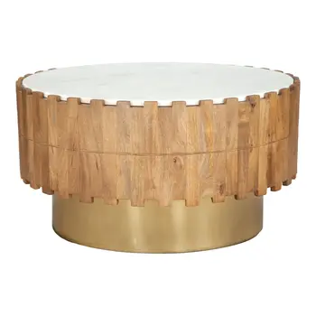 31" Gold Natural And White Iron Wood And Faux Marble Round Block Coffee Table