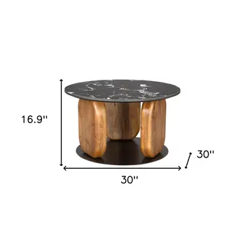 30" Black and Brown Genuine Marble Marble and Solid Wood Round Coffee Table