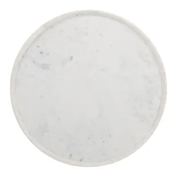35" White and Natural Wood And Faux Marble Round Pedestal Coffee Table