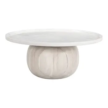 35" White and Natural Wood And Faux Marble Round Pedestal Coffee Table
