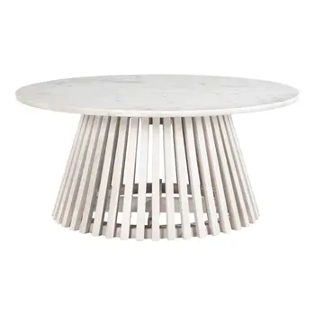 32" White and Natural Genuine Marble and Solid Wood Round Drum Coffee Table