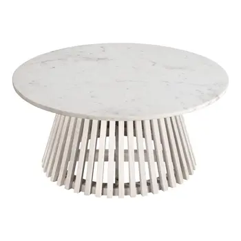 32" White and Natural Genuine Marble and Solid Wood Round Drum Coffee Table