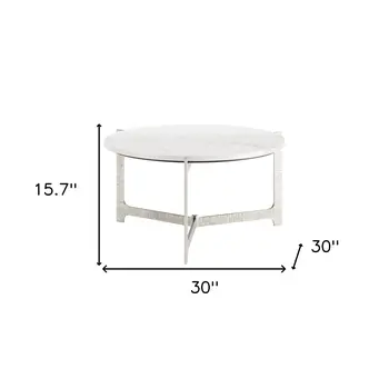 30" White and Silver Genuine Marble and Aluminum Round Cross Legs Coffee Table