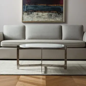 30" White and Silver Genuine Marble and Aluminum Round Cross Legs Coffee Table