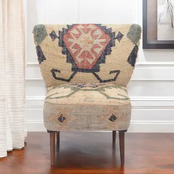26" Beige Blue and Red  Jute Southwestern Wingback Chair
