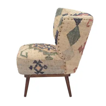 26" Beige Blue and Red  Jute Southwestern Wingback Chair