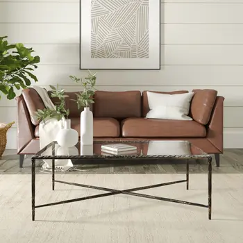 28" Clear And Brown Glass And Aluminum Coffee Table