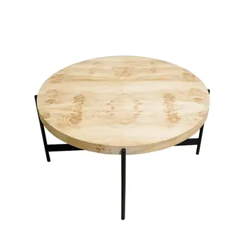 36" Natural And Black Wood and Iron Round Coffee Table