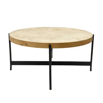 36" Natural And Black Wood and Iron Round Coffee Table