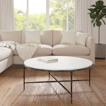 36" White And Brown Genuine Marble And Aluminum Round Coffee Table