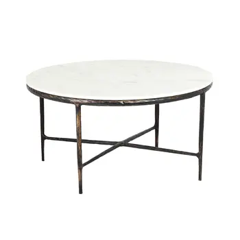 36" White And Brown Genuine Marble And Aluminum Round Coffee Table