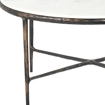 36" White And Brown Genuine Marble And Aluminum Round Coffee Table