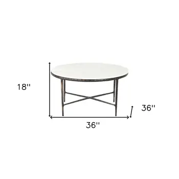 36" White And Brown Genuine Marble And Aluminum Round Coffee Table