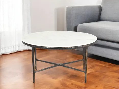 36" White And Brown Genuine Marble And Aluminum Round Coffee Table