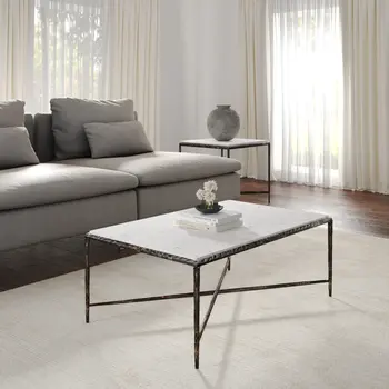28" White And Brown Genuine Marble And Aluminum Metal Coffee Table