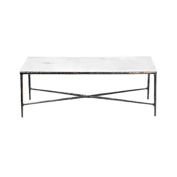 28" White And Brown Genuine Marble And Aluminum Metal Coffee Table