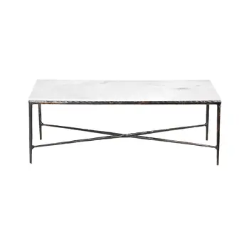 28" White And Brown Genuine Marble And Aluminum Metal Coffee Table