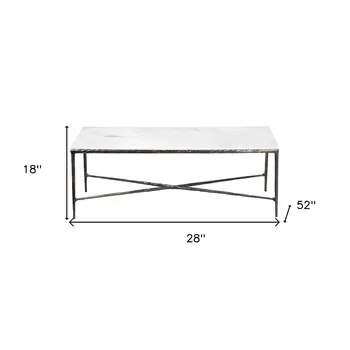 28" White And Brown Genuine Marble And Aluminum Metal Coffee Table