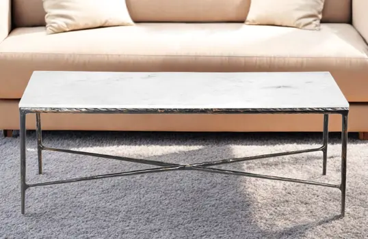 28" White And Brown Genuine Marble And Aluminum Metal Coffee Table