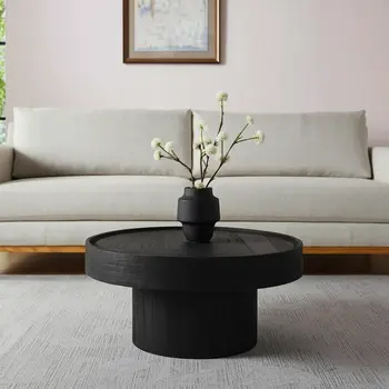 28" Black Solid Wood Round Pedestal Coffee Table