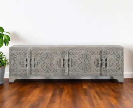 79" Gray Carved Scrollwork Distressed Solid Wood Enclosed Storage TV Stand