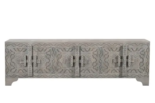 79" Gray Carved Scrollwork Distressed Solid Wood Enclosed Storage TV Stand
