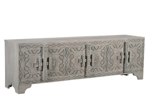 79" Gray Carved Scrollwork Distressed Solid Wood Enclosed Storage TV Stand