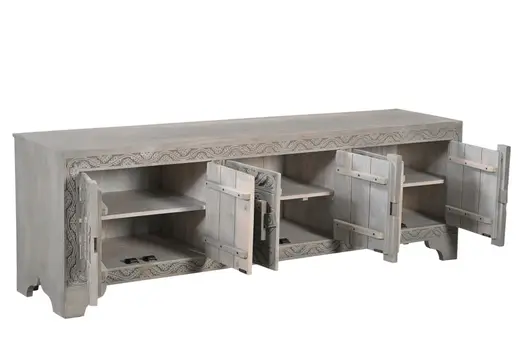 79" Gray Carved Scrollwork Distressed Solid Wood Enclosed Storage TV Stand