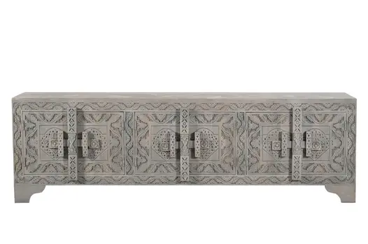 79" Gray Carved Scrollwork Distressed Solid Wood Enclosed Storage TV Stand