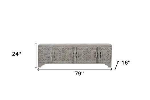 79" Gray Carved Scrollwork Distressed Solid Wood Enclosed Storage TV Stand