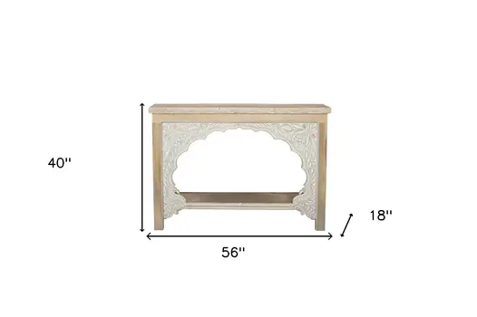 56" Natural Solid Wood Distressed Console Table With Shelf