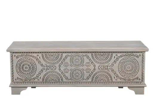 54" Gray Carved Geo Scroll Solid Wood Storage Ottoman