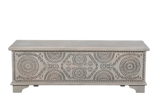 54" Gray Carved Geo Scroll Solid Wood Storage Ottoman