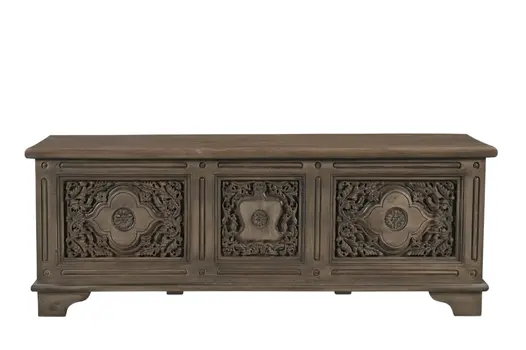 54" Brown Carved Floral Solid Wood Storage Ottoman