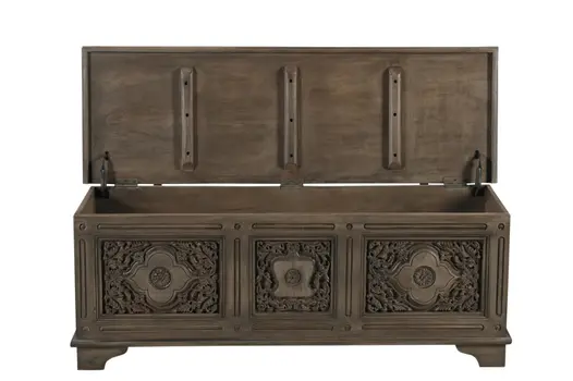54" Brown Carved Floral Solid Wood Storage Ottoman