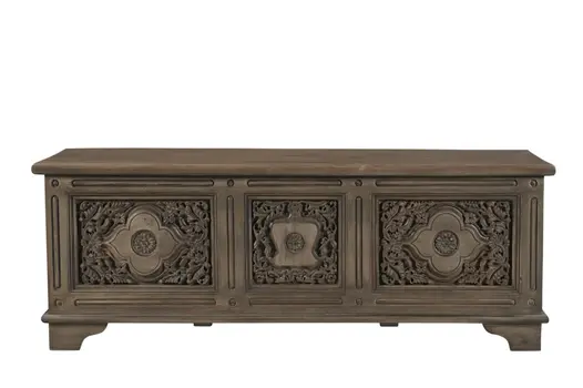 54" Brown Carved Floral Solid Wood Storage Ottoman