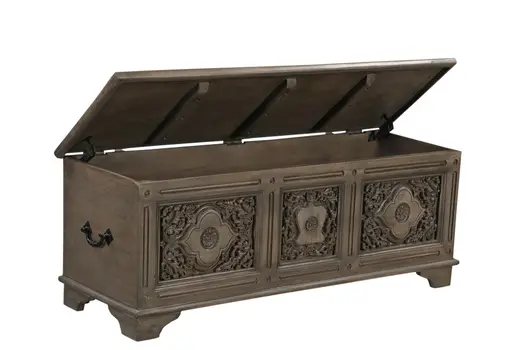 54" Brown Carved Floral Solid Wood Storage Ottoman