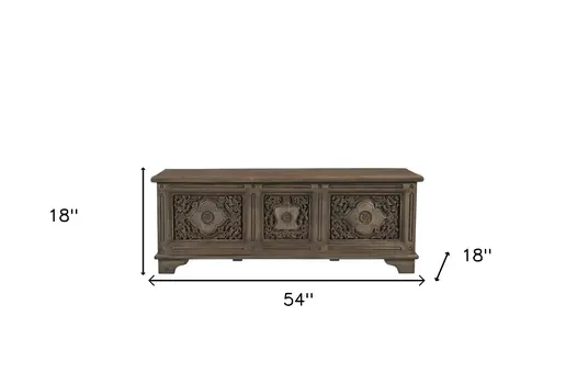 54" Brown Carved Floral Solid Wood Storage Ottoman