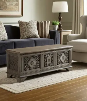 54" Brown Carved Floral Solid Wood Storage Ottoman