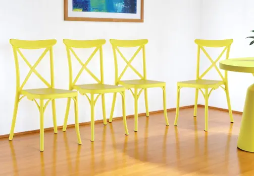 Set of Four Yellow Heavy Duty Plastic Cross Back Dining Side Chairs