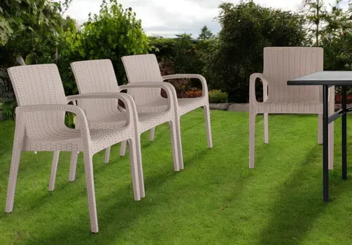 Set of Four 24" Taupe Faux Rattan Heavy Duty Plastic Outdoor Stacking Arm Chairs