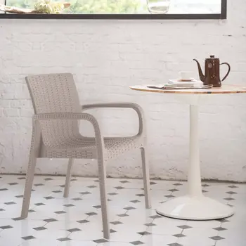 Set of Four 24" Taupe Faux Rattan Heavy Duty Plastic Outdoor Stacking Arm Chairs