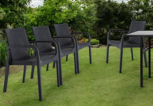 Set of Four 24" Black Faux Rattan Heavy Duty Plastic Outdoor Stacking Arm Chairs