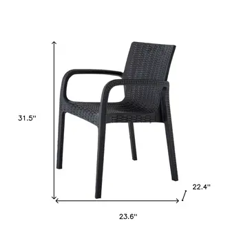 Set of Four 24" Black Faux Rattan Heavy Duty Plastic Outdoor Stacking Arm Chairs