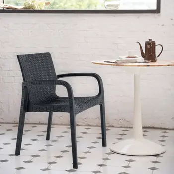 Set of Four 24" Black Faux Rattan Heavy Duty Plastic Outdoor Stacking Arm Chairs