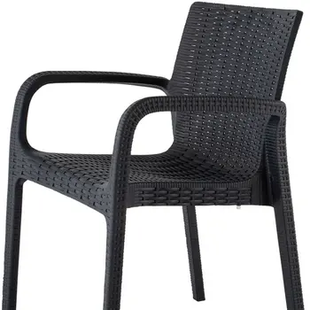 Set of Four 24" Black Faux Rattan Heavy Duty Plastic Outdoor Stacking Arm Chairs