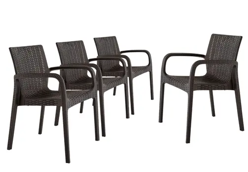 Set of Four 24" Brown Faux Rattan Heavy Duty Plastic Outdoor Stacking Arm Chairs